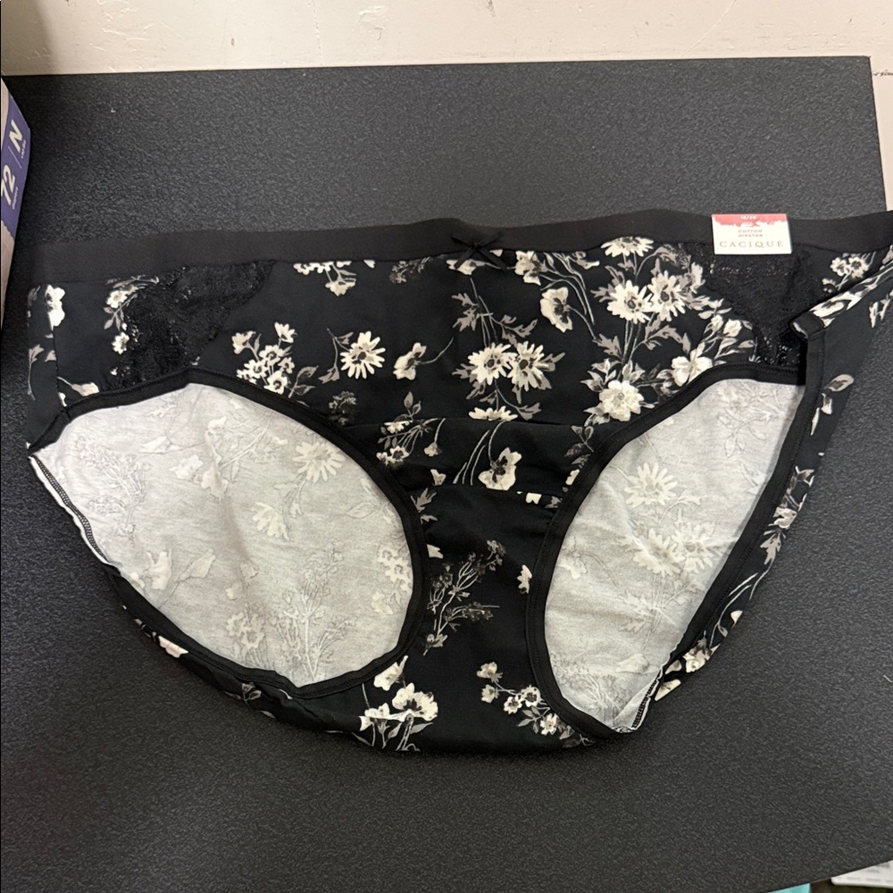 Cacique Black Floral Bikini Briefs with Cream Blooms